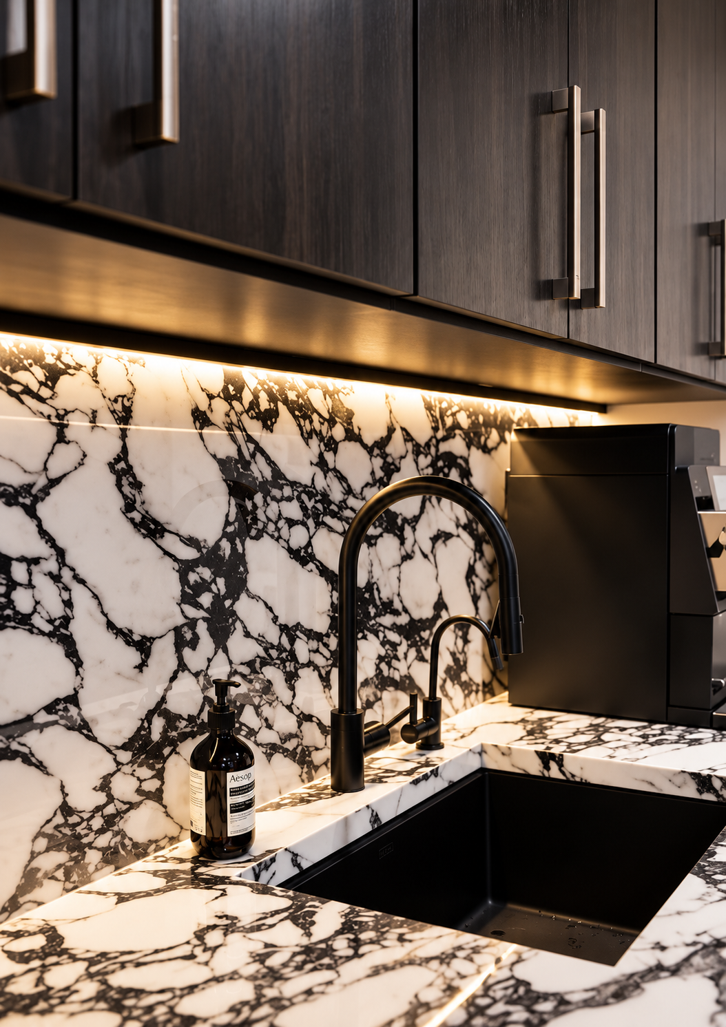 Modern kitchen with black and white marble countertops and backsplash, black sink, black faucet, wooden upper cabinets with metallic handles, and under-cabinet lighting.