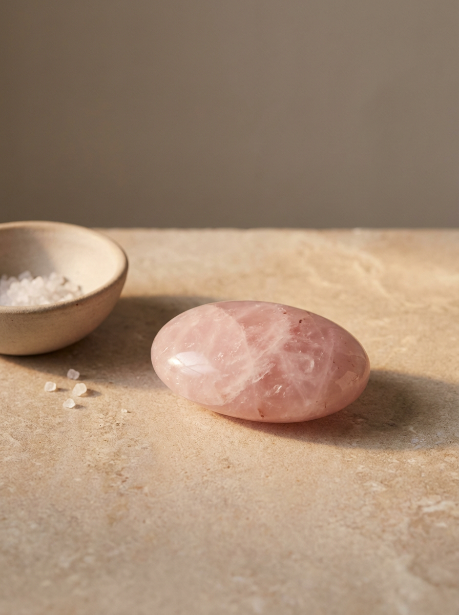 A polished pink gemstone resting on a beige surface with a small ceramic bowl containing coarse salt nearby.