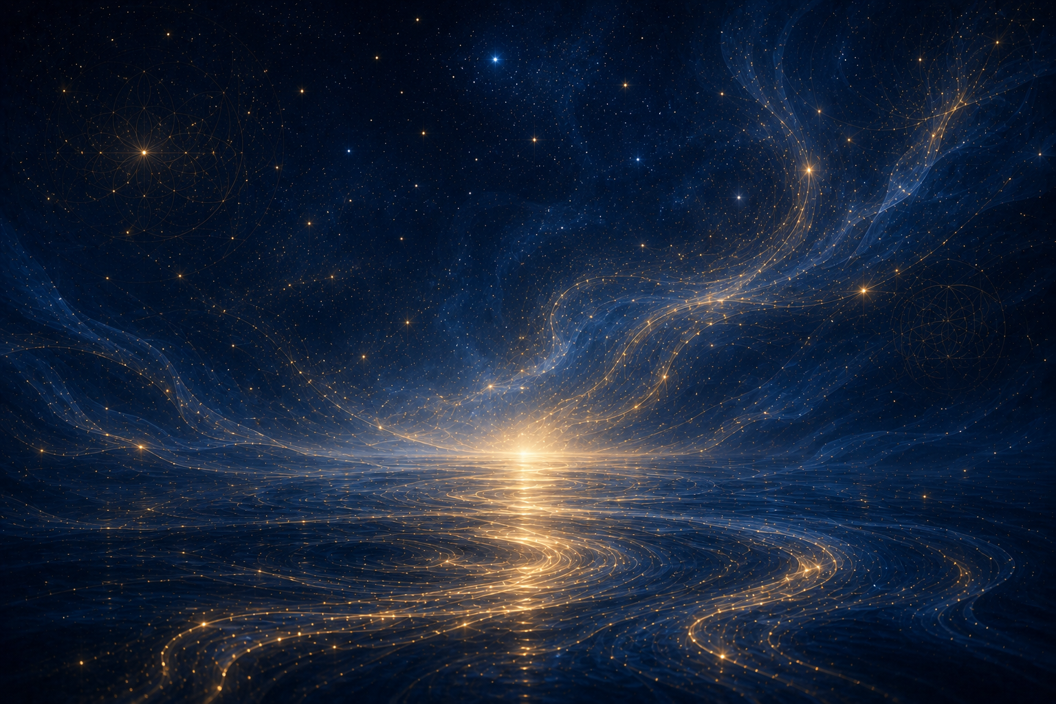 A digital artwork illustrating a cosmic scene with a luminous light source on a water surface, swirling golden light trails, and a starry sky with constellations and geometric patterns.