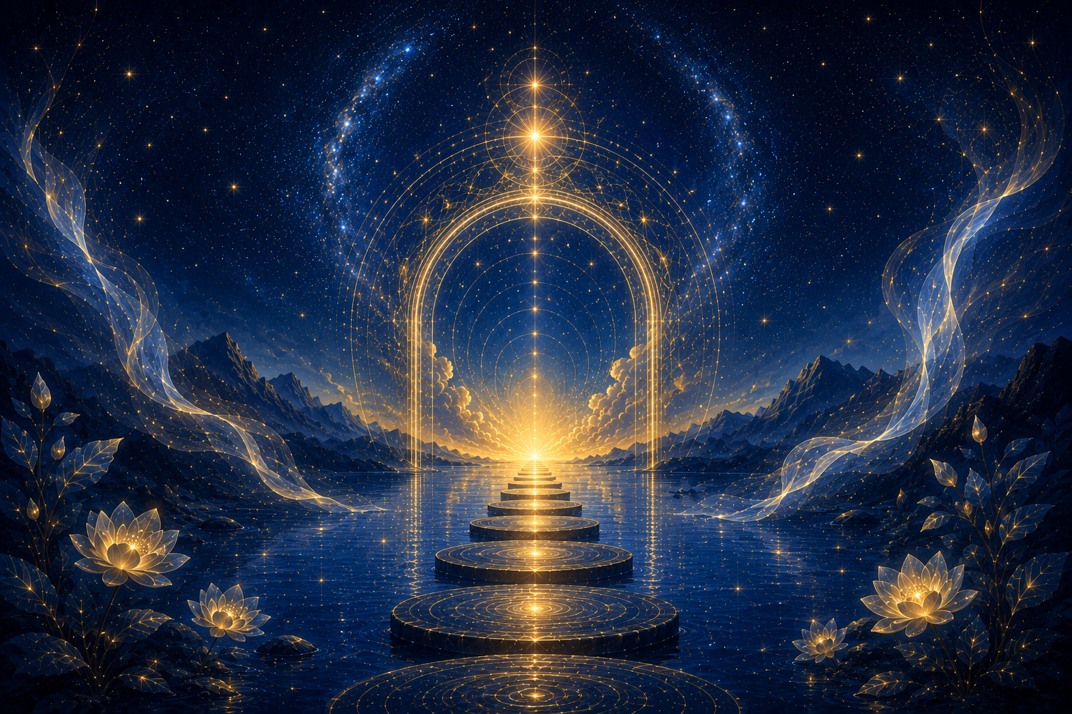 A surreal digital art scene featuring glowing golden steps leading to a luminous horizon, with intricate geometric patterns, starry sky, mountain silhouette, and flowering plants