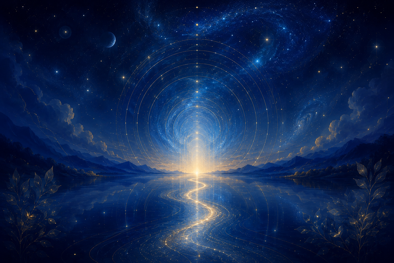 A surreal digital artwork depicting a glowing light source on the horizon over a lake, with a spiral of golden light extending from it. The sky is filled with stars, planets, and cosmic patterns, and the scene is framed with dark mountains and luminous plants in the foreground.