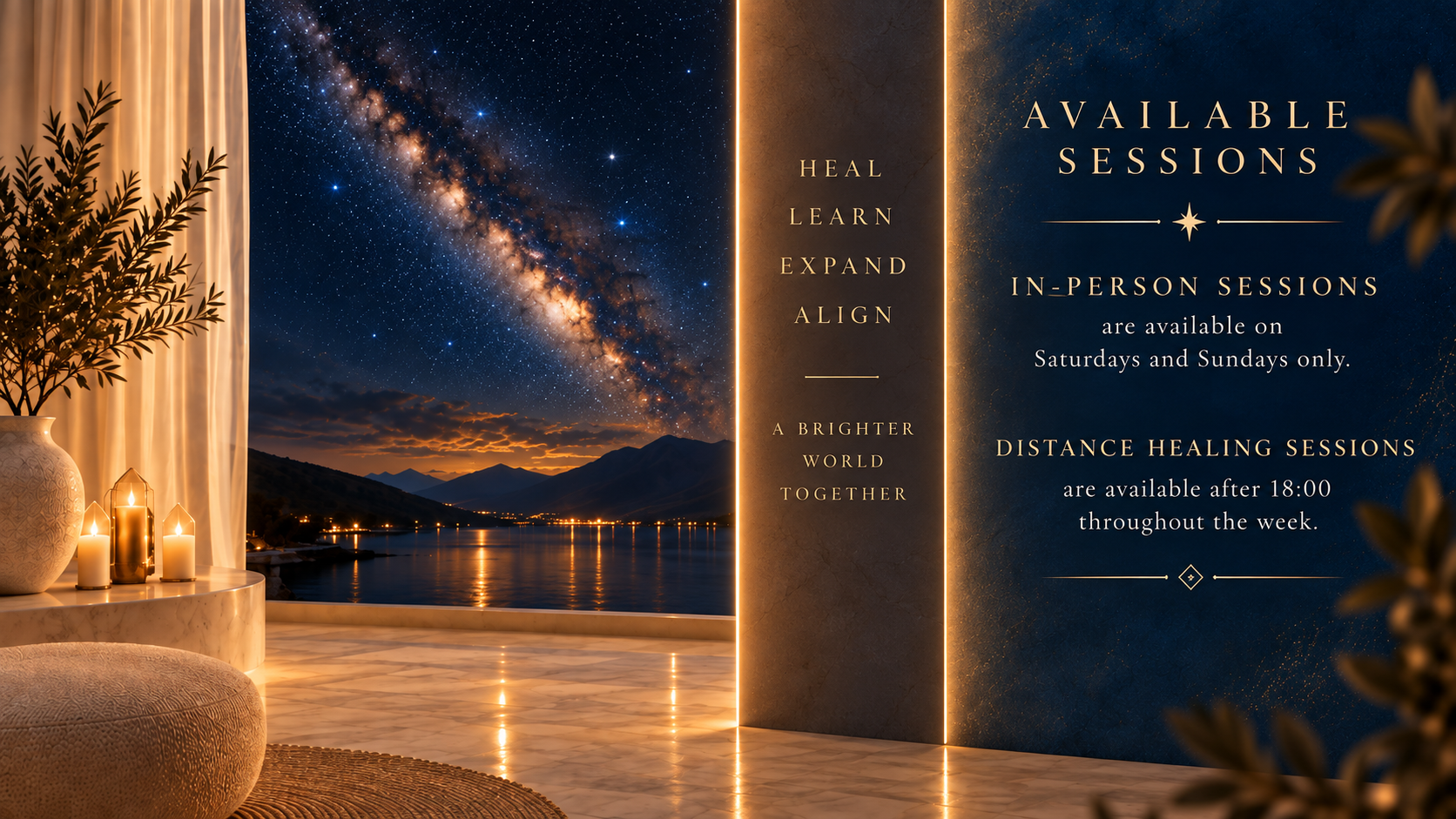 An indoor space with a view of a starry night sky over a lake and mountains through large glass windows. The room has a potted plant, lit candles, a marble table, and a textured rug. A large, vertical sign advertises availability of in-person and distance healing sessions on weekends and after 6 PM.