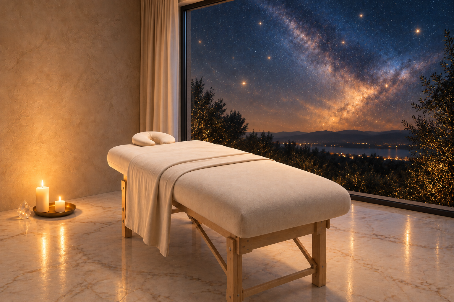 Spa room with massage table, candles, and a view of the starry night sky through a large window.