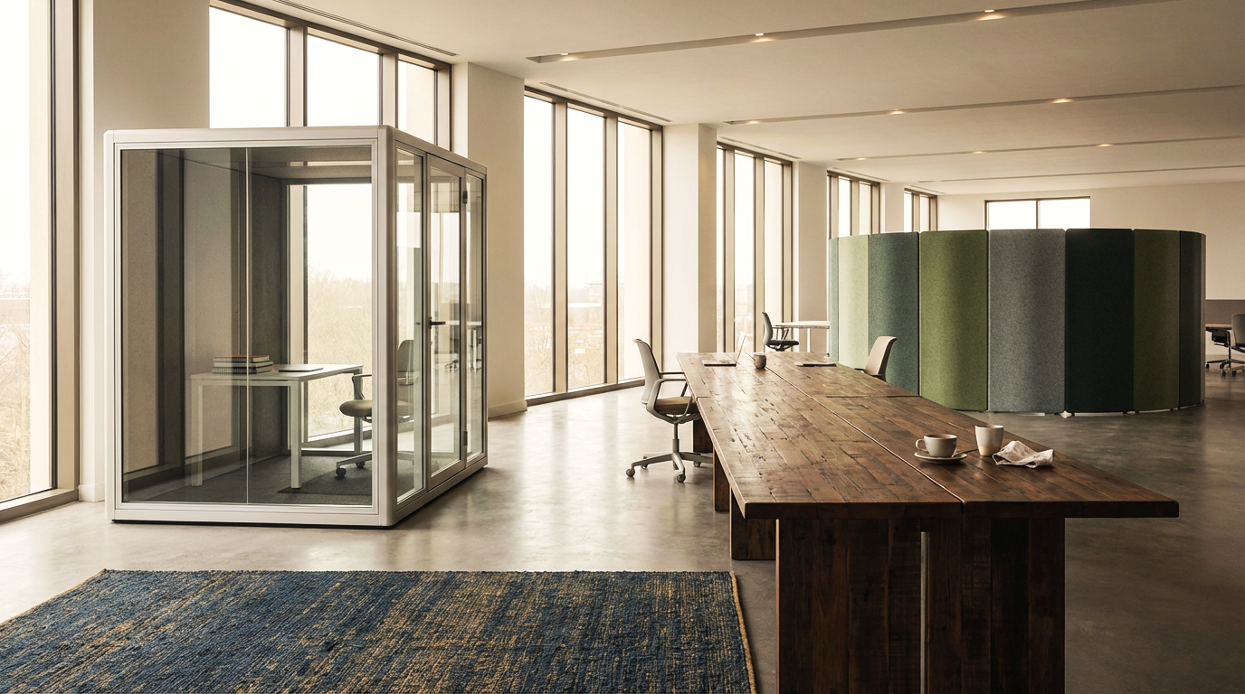 Modern office space with large windows, a conference table with chairs, a glass enclosed phone booth, and a curved partition in the background.