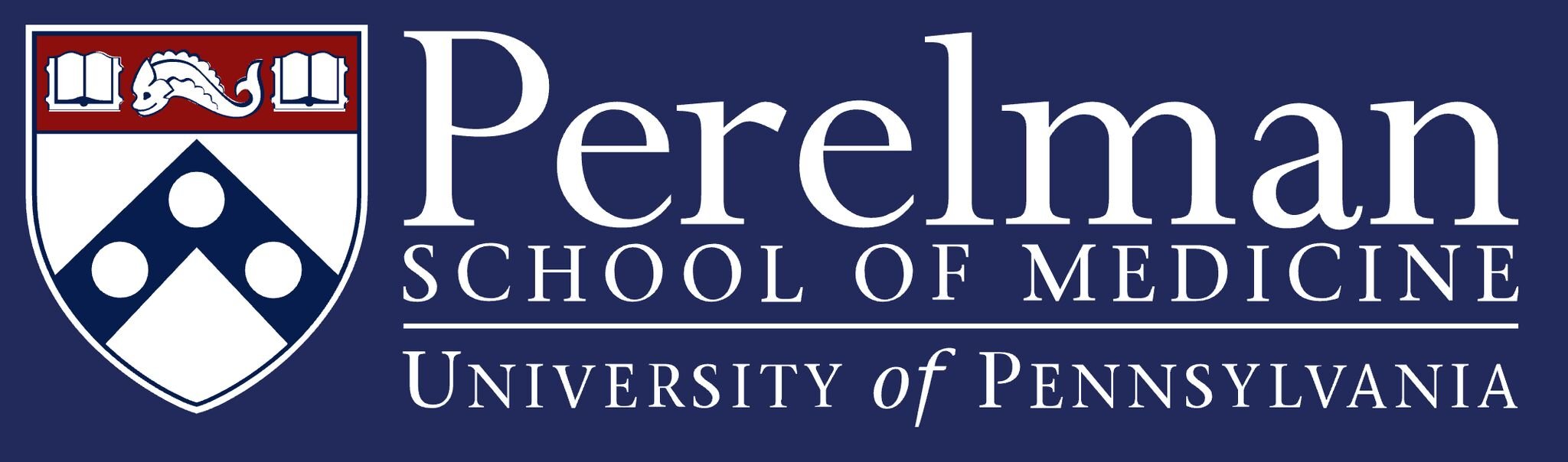 Logo of the Perelman School of Medicine at the University of Pennsylvania, featuring a shield with a seahorse, open books, and geometric shapes in red, white, and blue.