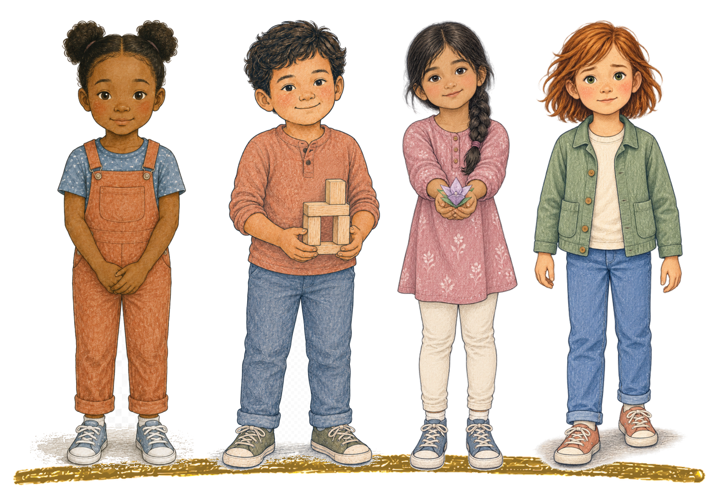 Four children standing in a row, three girls and one boy, representing the families Seeds We Grow is built for.