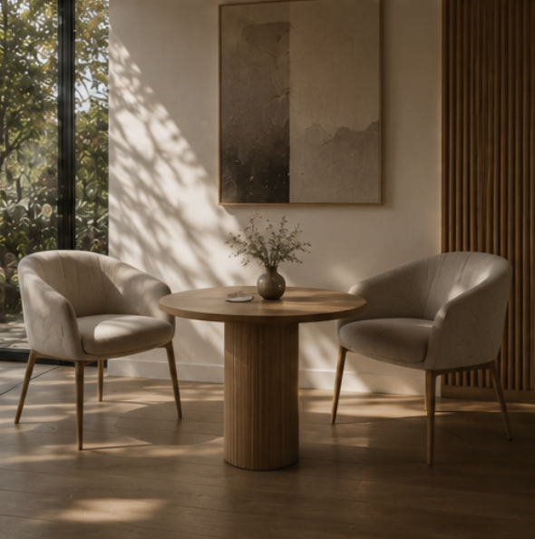 A round wooden table with two upholstered armchairs in a sunlit corner, set up for a one-on-one coaching and behavioural change session.