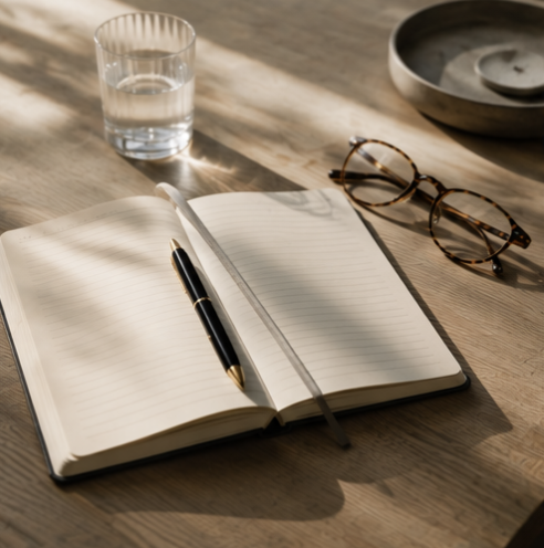 An open notebook, glasses, and a pen on a wooden desk, set up for reviewing candidates in a strategic talent acquisition and selection process.