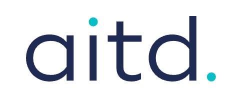 Logo with the word 'aitd' in lowercase letters and a small blue dot above the 'i' and another blue dot at the end.