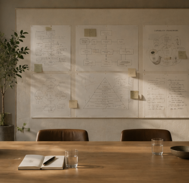 A whiteboard covered in strategy diagrams beside a wooden conference table, set up for a custom leadership training and program design session.