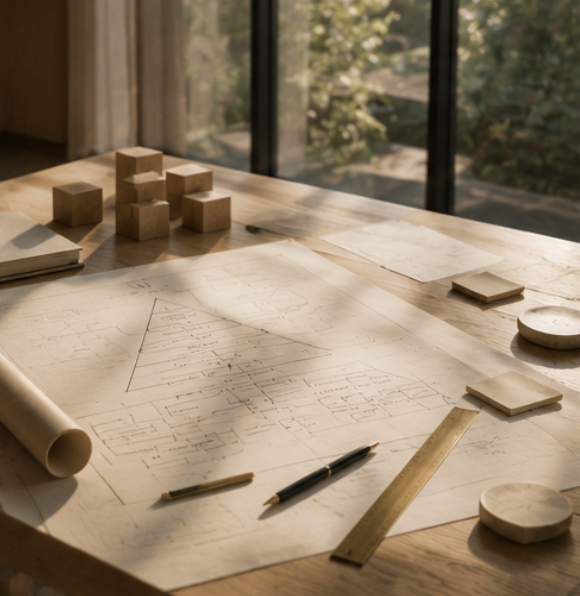 Architectural plans and blueprints rolled out on a table with drafting tools, representing the fast-paced, hands-on work of a capability sprint.