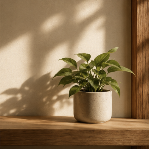A potted green houseplant on a sunlit wooden shelf, reflecting the calm, supportive environment of leadership onboarding and acceleration coaching.