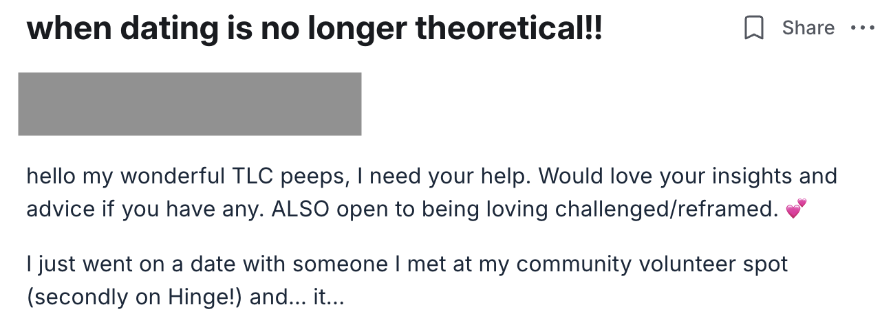 Social media post with caption "when dating is no longer theoretical!!" and text beginning with "hello my wonderful TLC peeps, I need your help..."