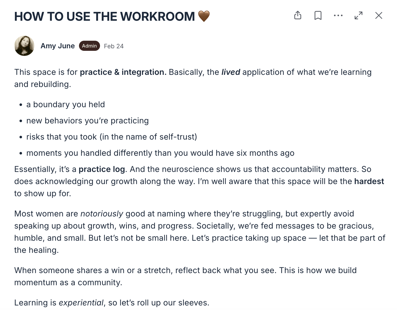 Screenshot of a blog post titled 'HOW TO USE THE WORKROOM' by Amy June, with a brown heart emoji, and the text discusses the concept of a workroom as a practice and growth space.