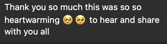 A message expressing gratitude and sharing emotional feelings, including smiling face with smiling eyes emojis.