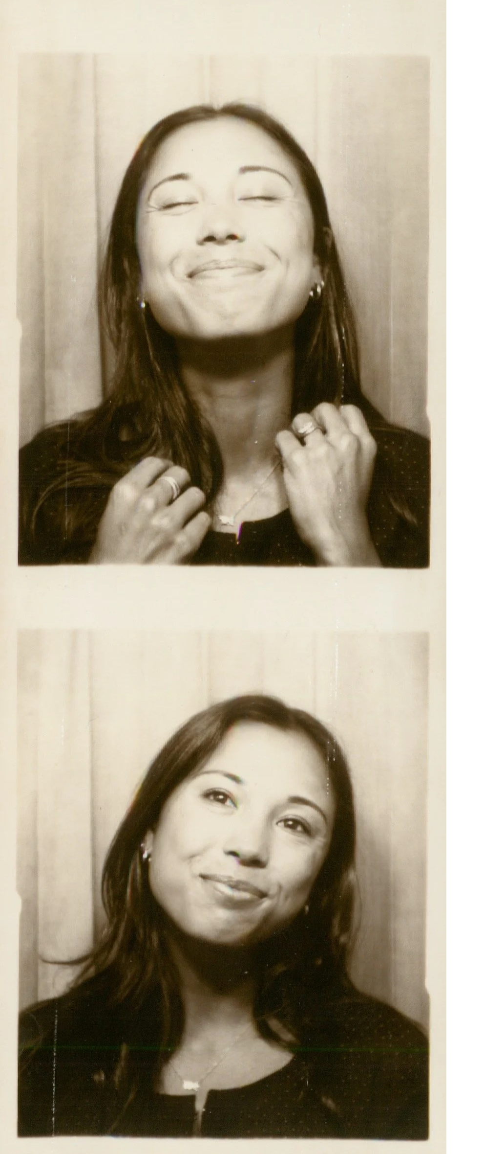 Black and white photo strip with two pictures of a smiling woman with dark hair, earrings, and a necklace.