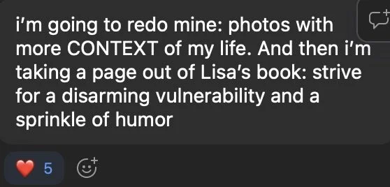 Text message about redoing photos with more context and taking a page from Lisa's book to be brave and humorous.