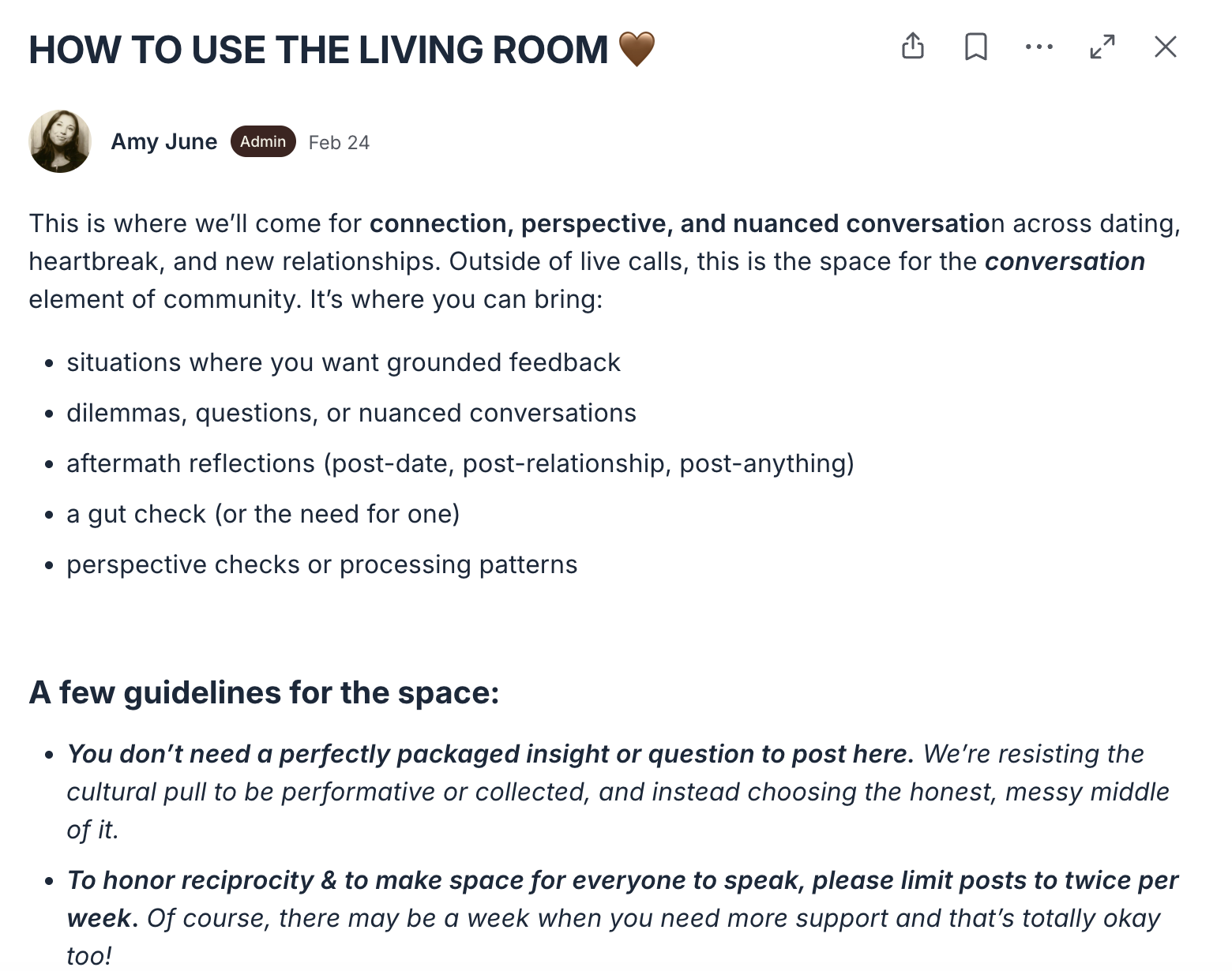 Screenshot of a webpage titled 'How to Use the Living Room' with a brown heart emoji, authored by Amy June, admin, dated February 24. The page contains guidelines about community conversations, feedback, and respectful sharing.