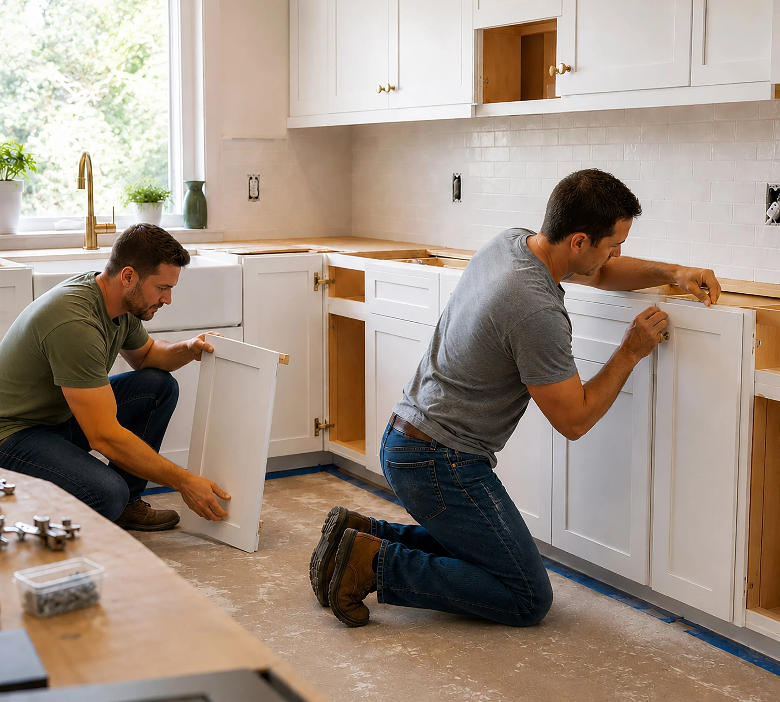Two men are installing kitchen cabinets, kneeling on the floor and holding cabinet doors.