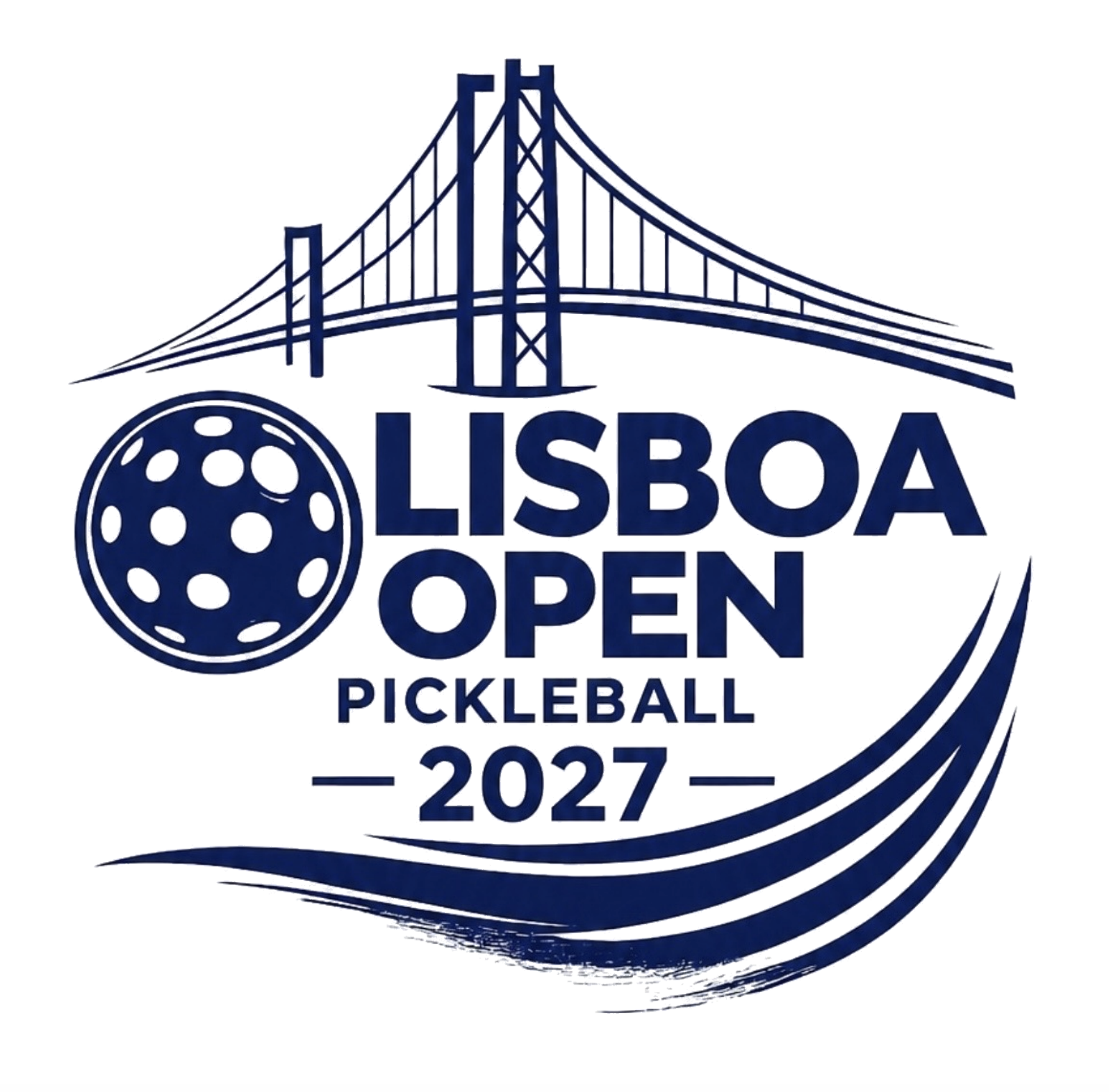 Logo for Lisbon Open Pickleball 2027, featuring the 25 de Abril bridge, a pickleball, and athletic design elements.