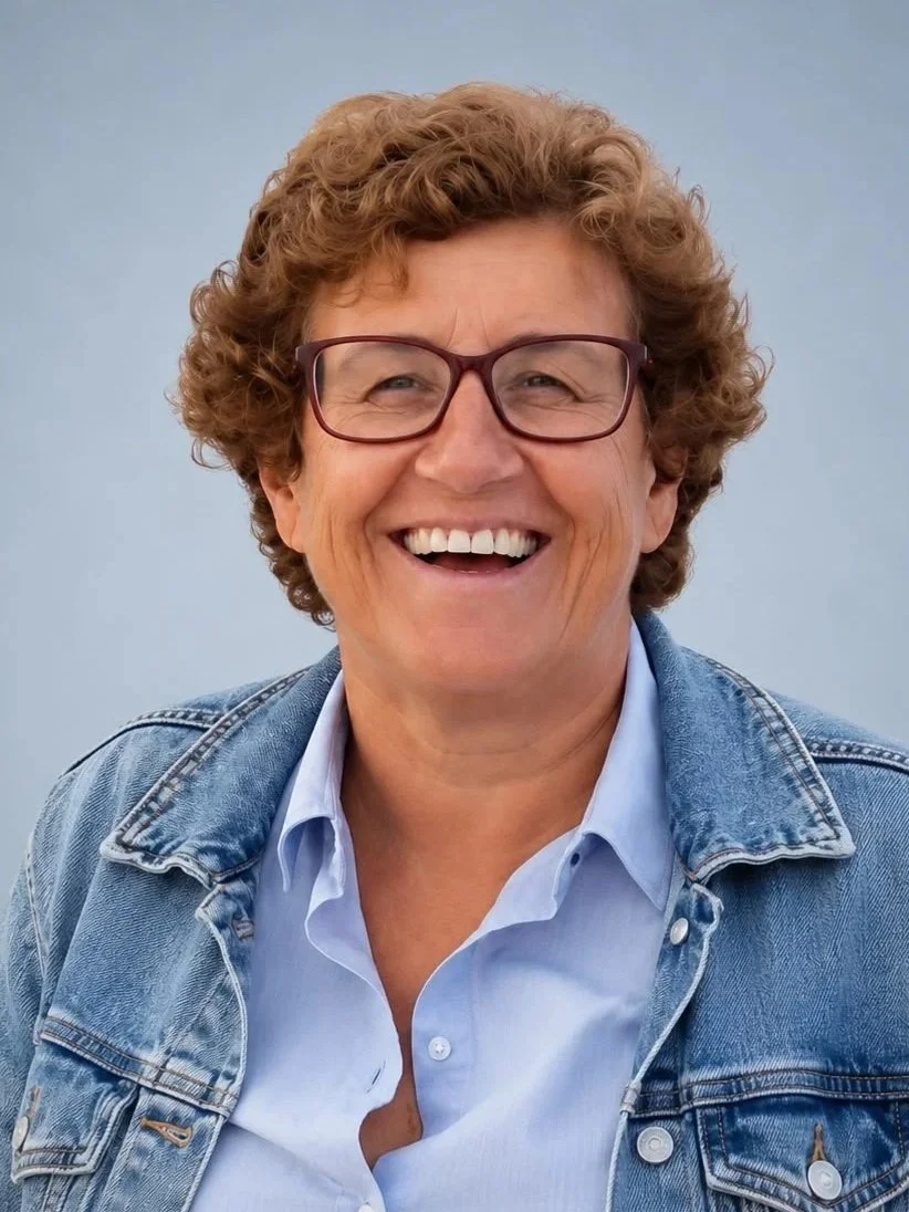 A woman, who is a member of the Clube Pickleball Lisboa Board, with short curly hair, wearing glasses, a denim jacket, and a light blue shirt, smiling.