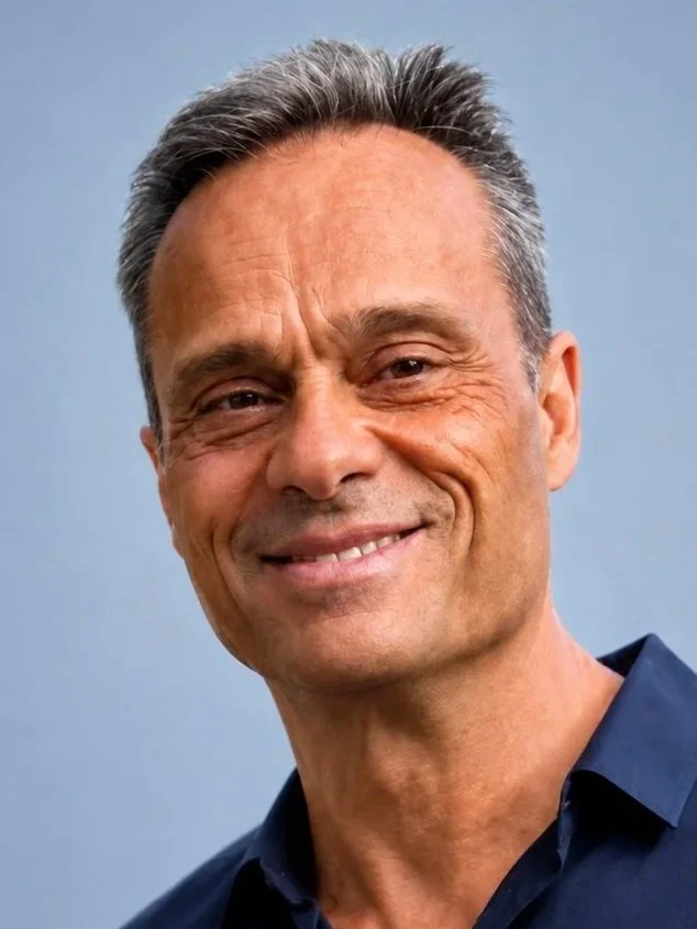 Close-up of a middle-aged man with gray hair, who is a member of the Clube Pickleball Lisboa Board, smiling, wearing a dark blue collared shirt, against a plain light blue background.