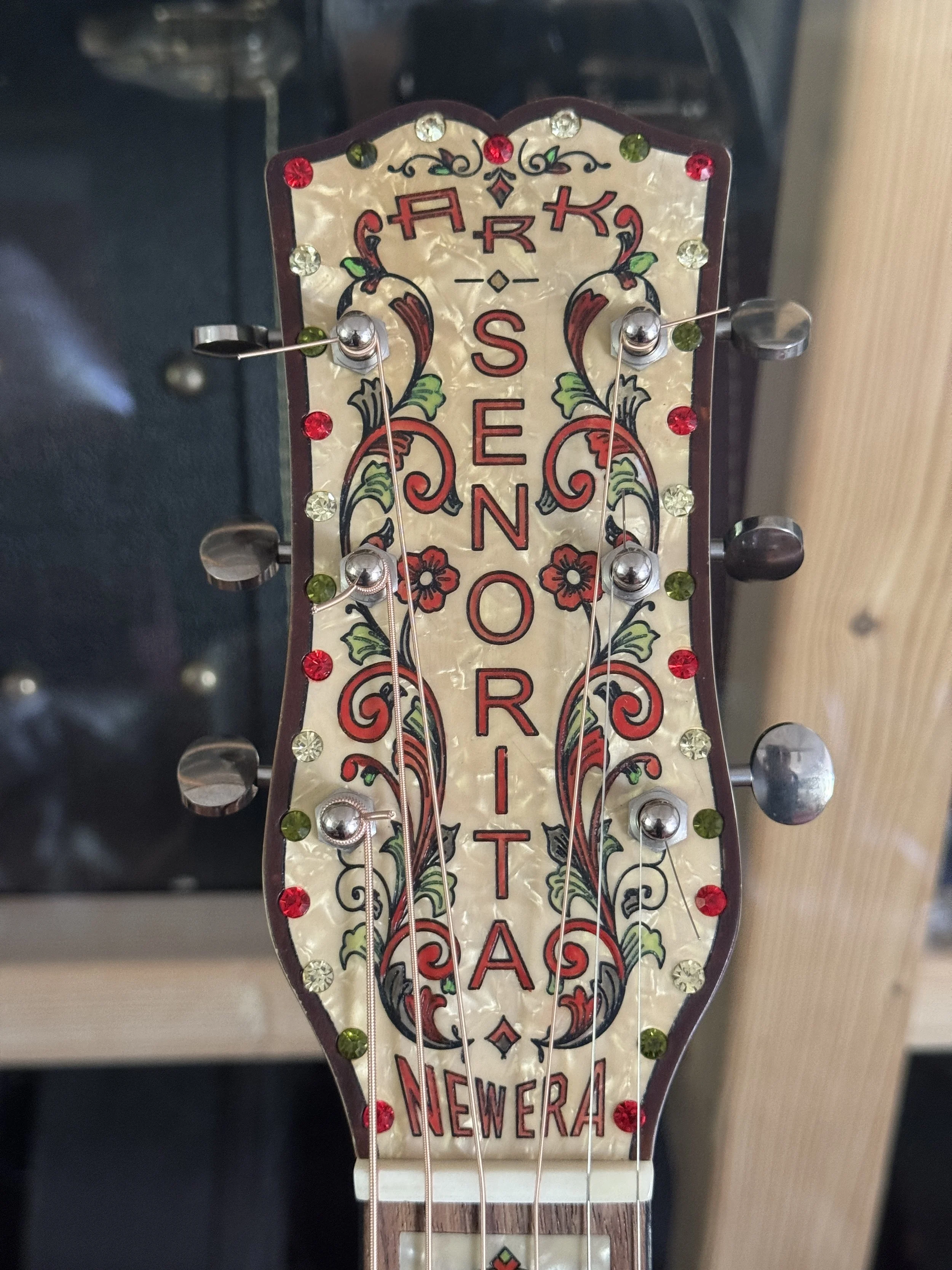 decorative guitar headstock with coloured rhinestones and logo Ark New Aera Senorita S-6