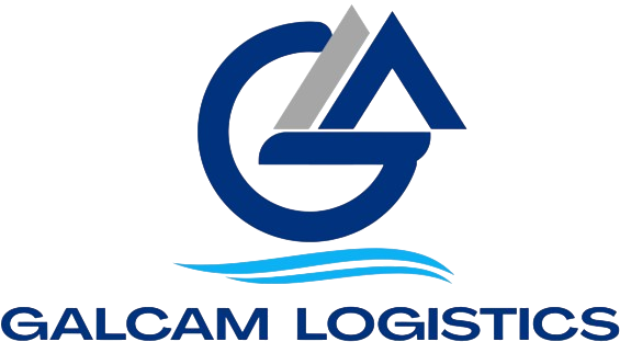 Logo de Galcam Logística con un barco, agua y un volante de barco en tonos azules.