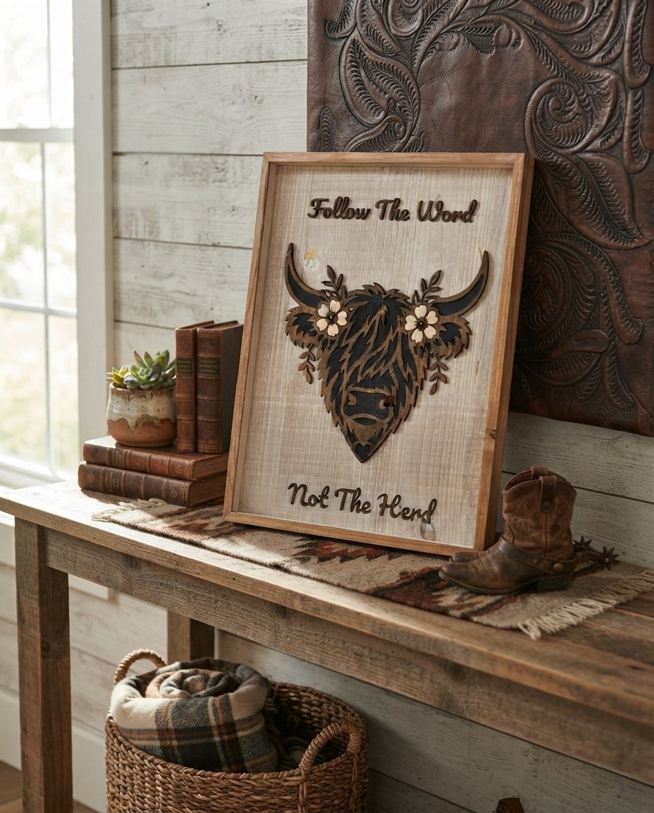 Follow the Word, Not the Herd Highland Cow Wood Sign
