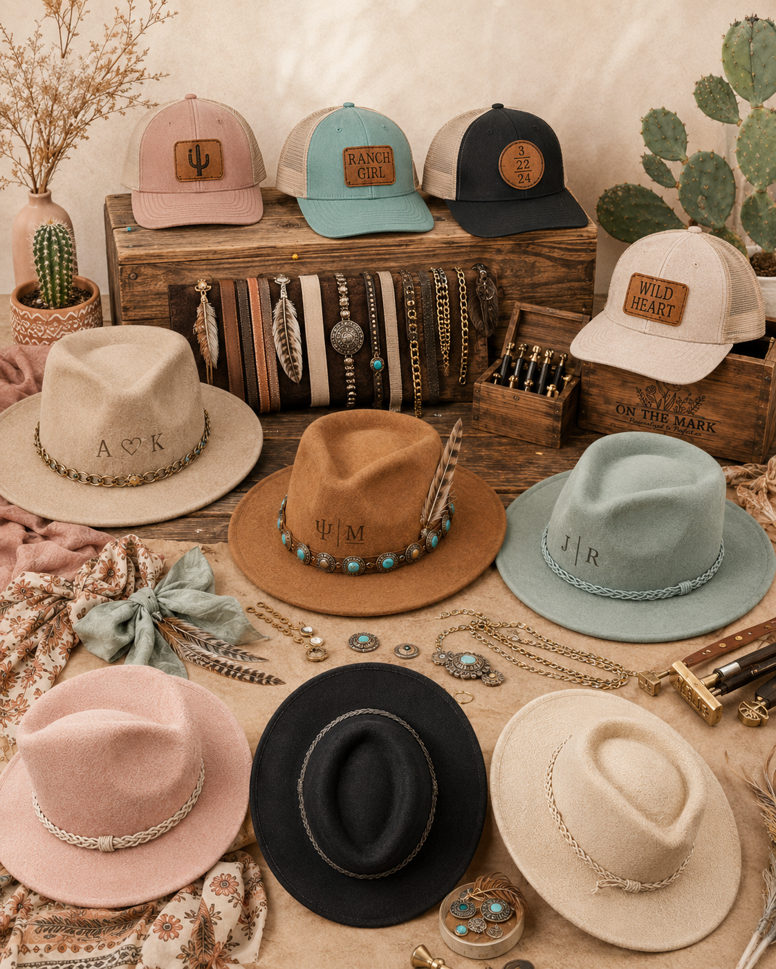 Display of various hats, including pink, beige, black, gray, peach, and mint green, adorned with decorative band and feather accessories, with jewelry like necklaces, earrings, and bracelets, as well as cactus plants in the background.