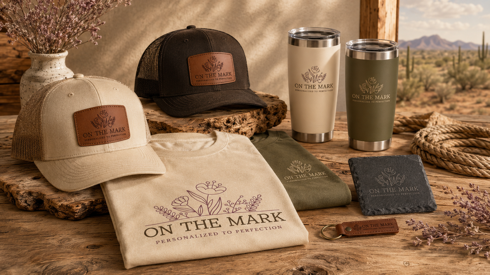Display of branded merchandise including three caps, two inscribed travel mugs, two folded t-shirts, a keychain, a stone coaster, and a vase with purple wildflowers, set on a rustic wooden table in a desert landscape.