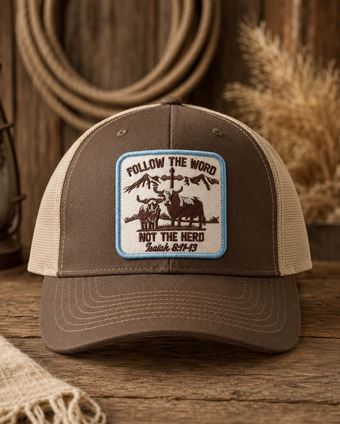 Trucker cap with embroidered patch reading 'Follow the Word, Not the Herd,' featuring a cow, a bull, mountains, and a cross, on a wooden table with rustic decor in the background.