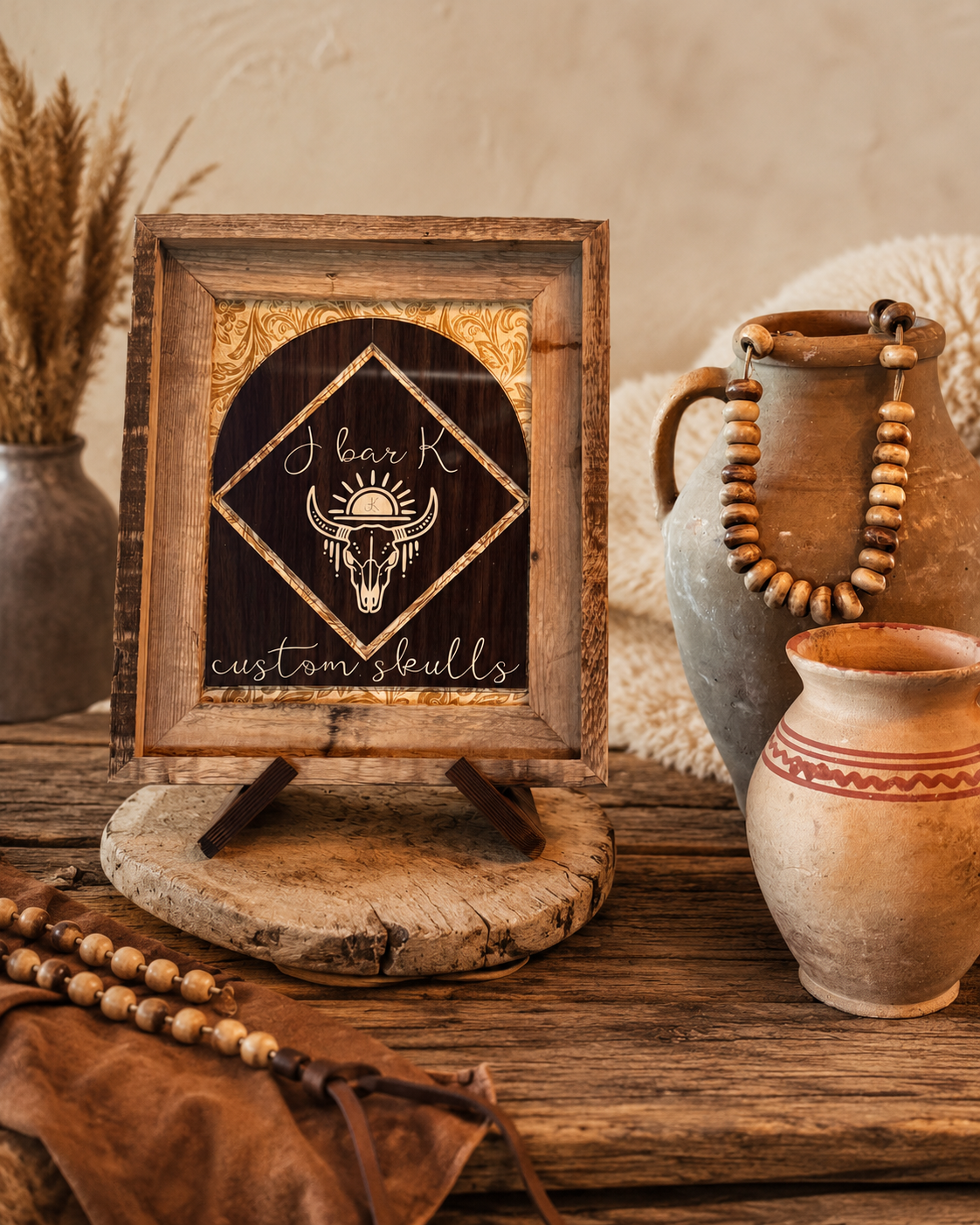 Decorative rustic signs and pottery with beads on a wooden table, custom made featuring a sign that reads 'J bar K, custom skulls' with a bull skull illustration.