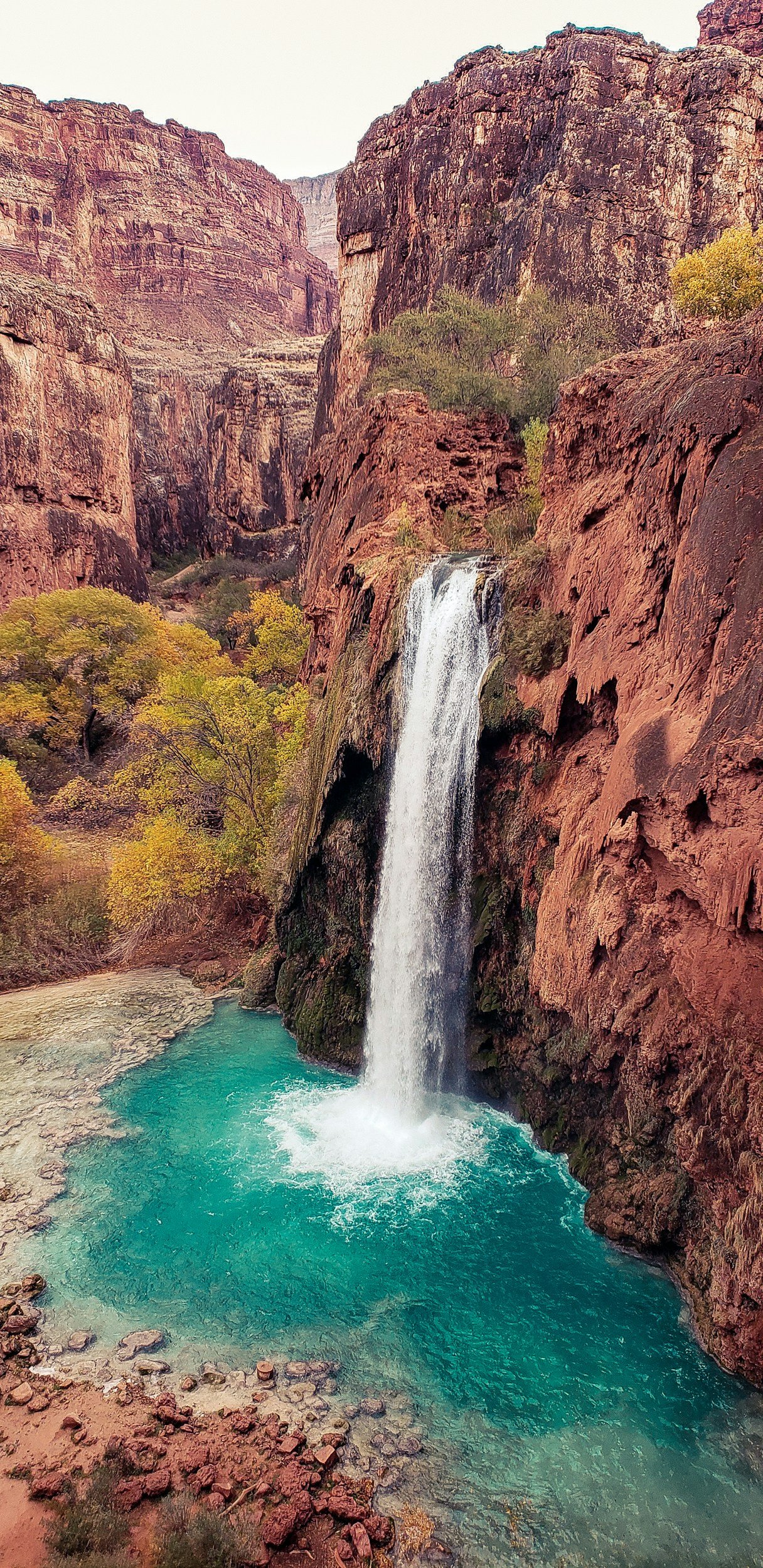 A tall waterfall cascading into a turquoise pool surrounded by red rocks and desert vegetation, with towering canyon walls in the background.