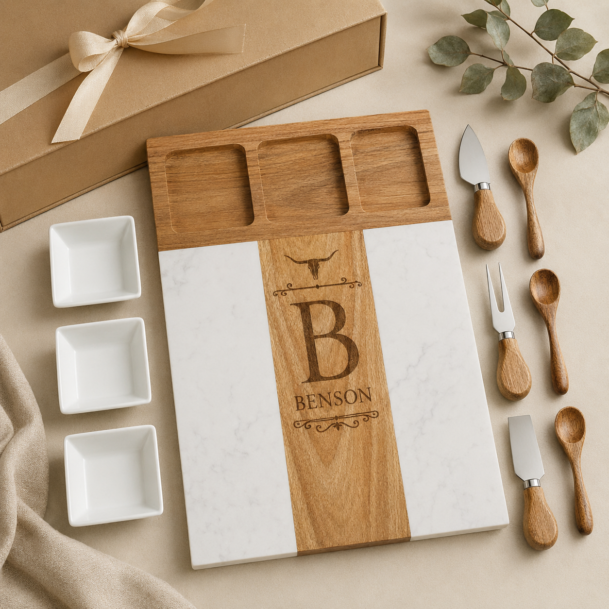 Personalized Marble & Acacia Charcuterie Board Set