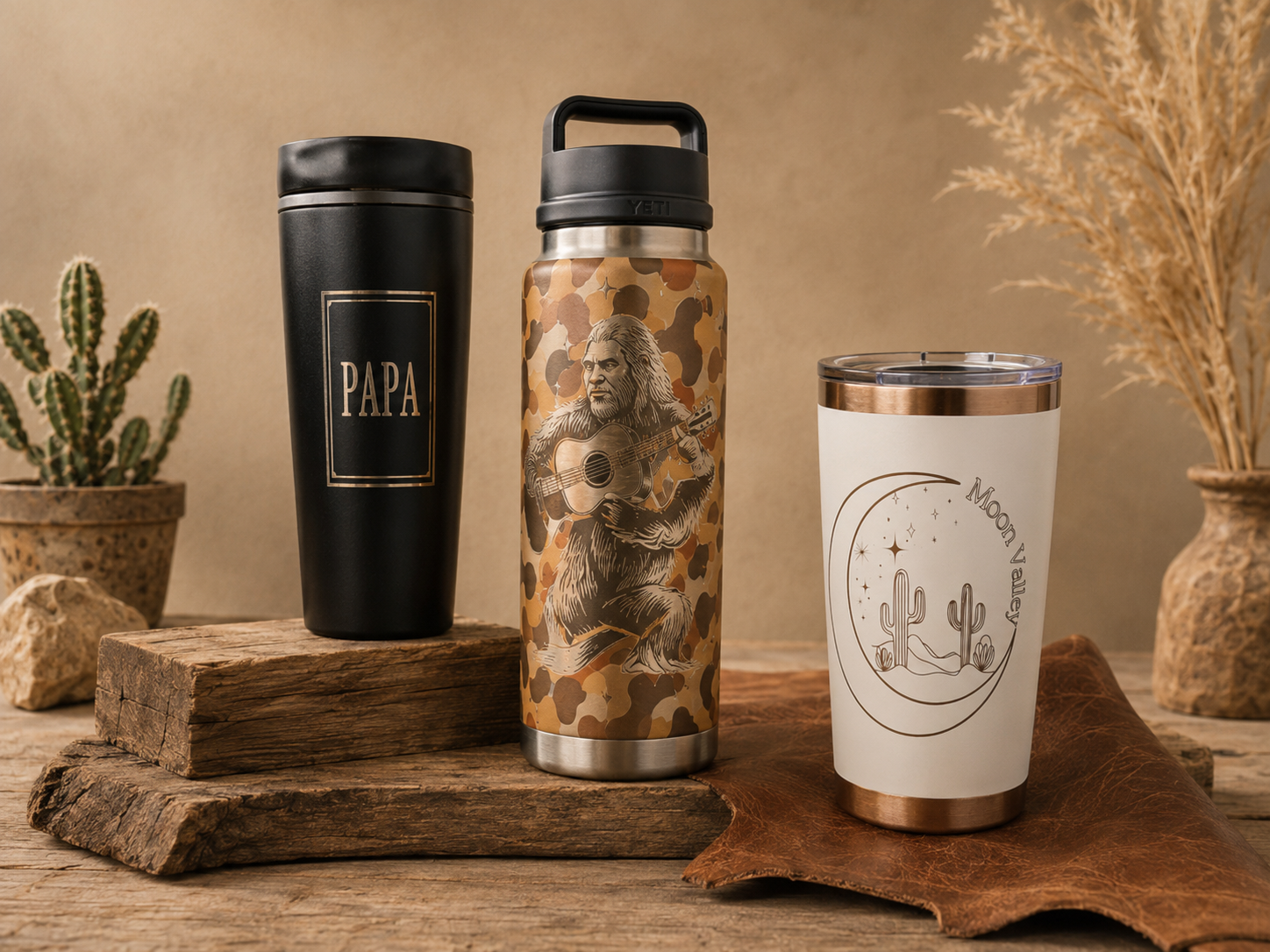 Three travel mugs with different designs on a wooden surface, including a black mug labeled 'PAPA', a camouflage-patterned mug with a bearded man playing guitar, and a white mug with cactus and moon illustrations, flanked by potted cactus and dried p
