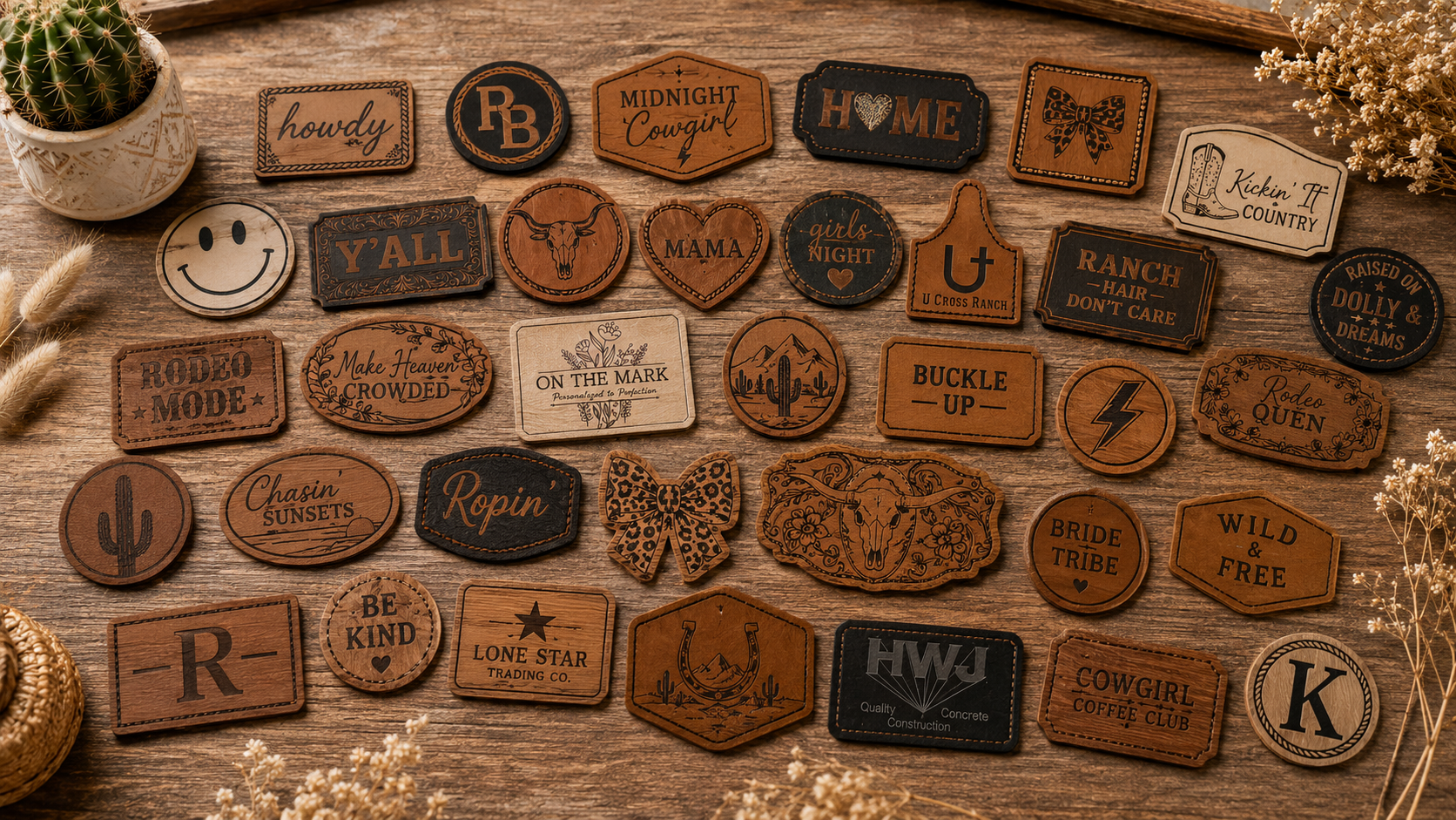 Collection of wooden patches with various designs and phrases, arranged on a wooden surface. The patches feature cowboy, country, and western themes, including phrases like "howdy," "Y'ALL," "Rodeo Mode," and images of cacti, bulls, mountains, and horses.