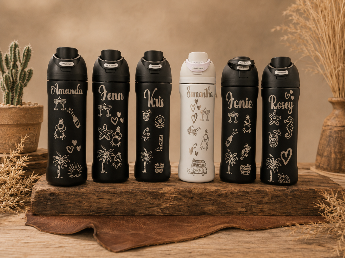 Six personalized insulated bottles with summer and beach-themed illustrations, for bachelorette party