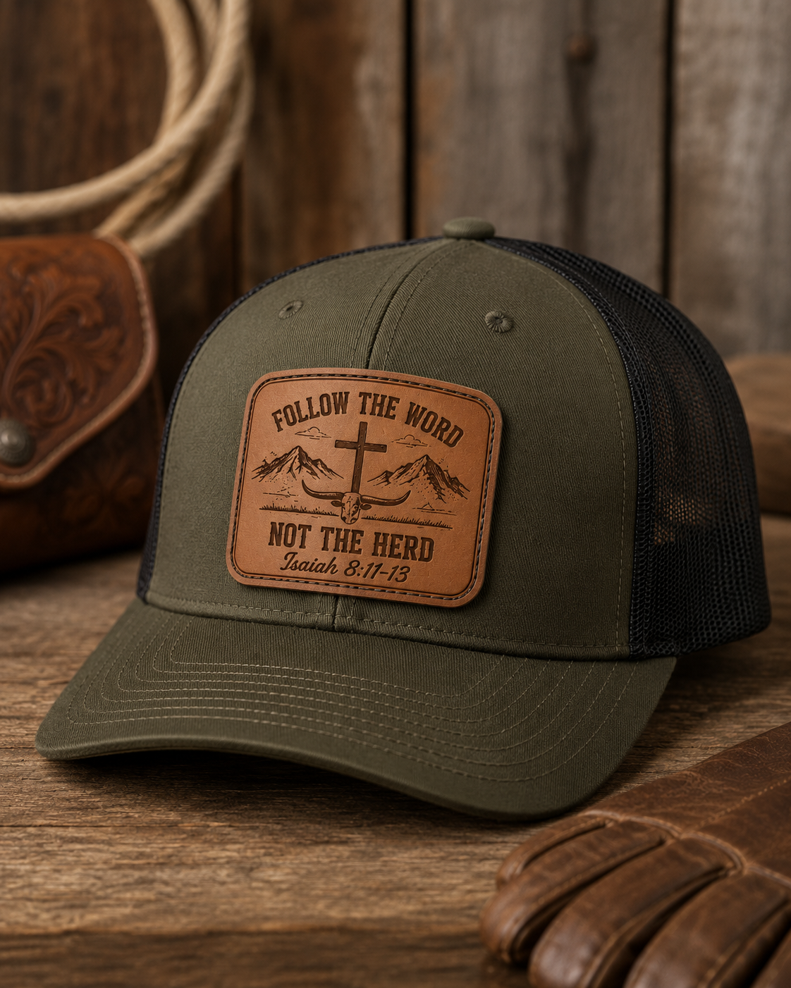 A green and black trucker hat with a patch that reads "Follow the word, not the herd" and includes a cross, mountain landscape, and Bible verse Isaiah 8:11-13. The hat is placed on a wooden surface with a leather satchel and a rope in the background.