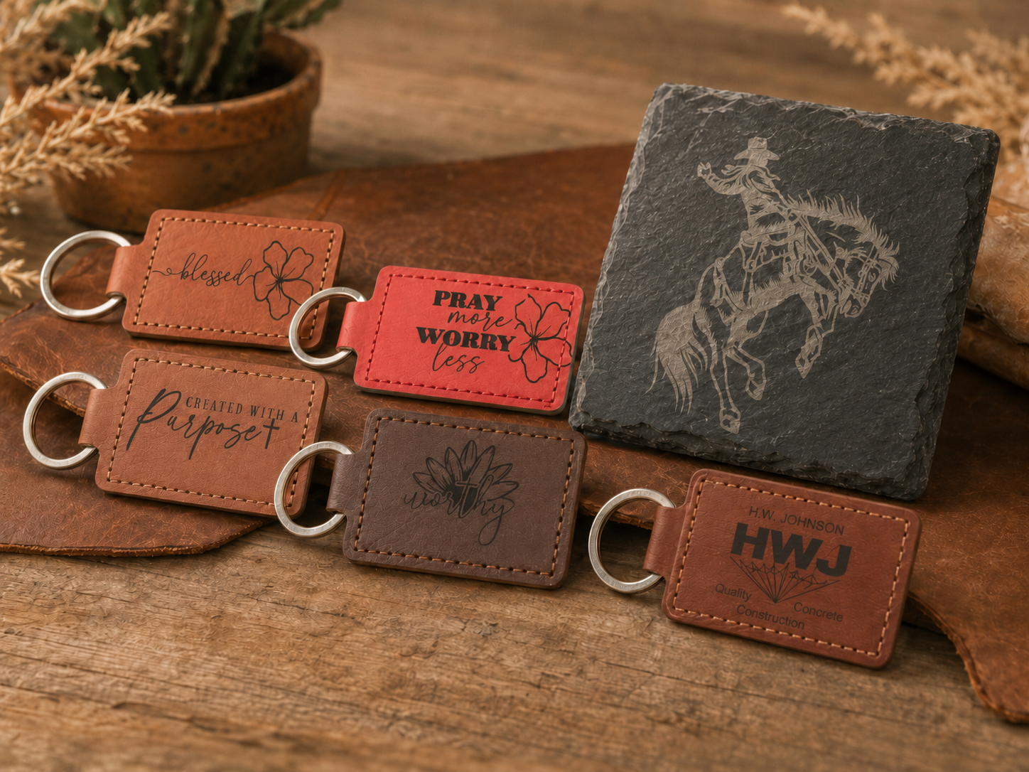 A leather keychain with motivational quotes and a small black slate with an engraved cowboy riding a bucking bronco, accompanied by some dried plants in the background.