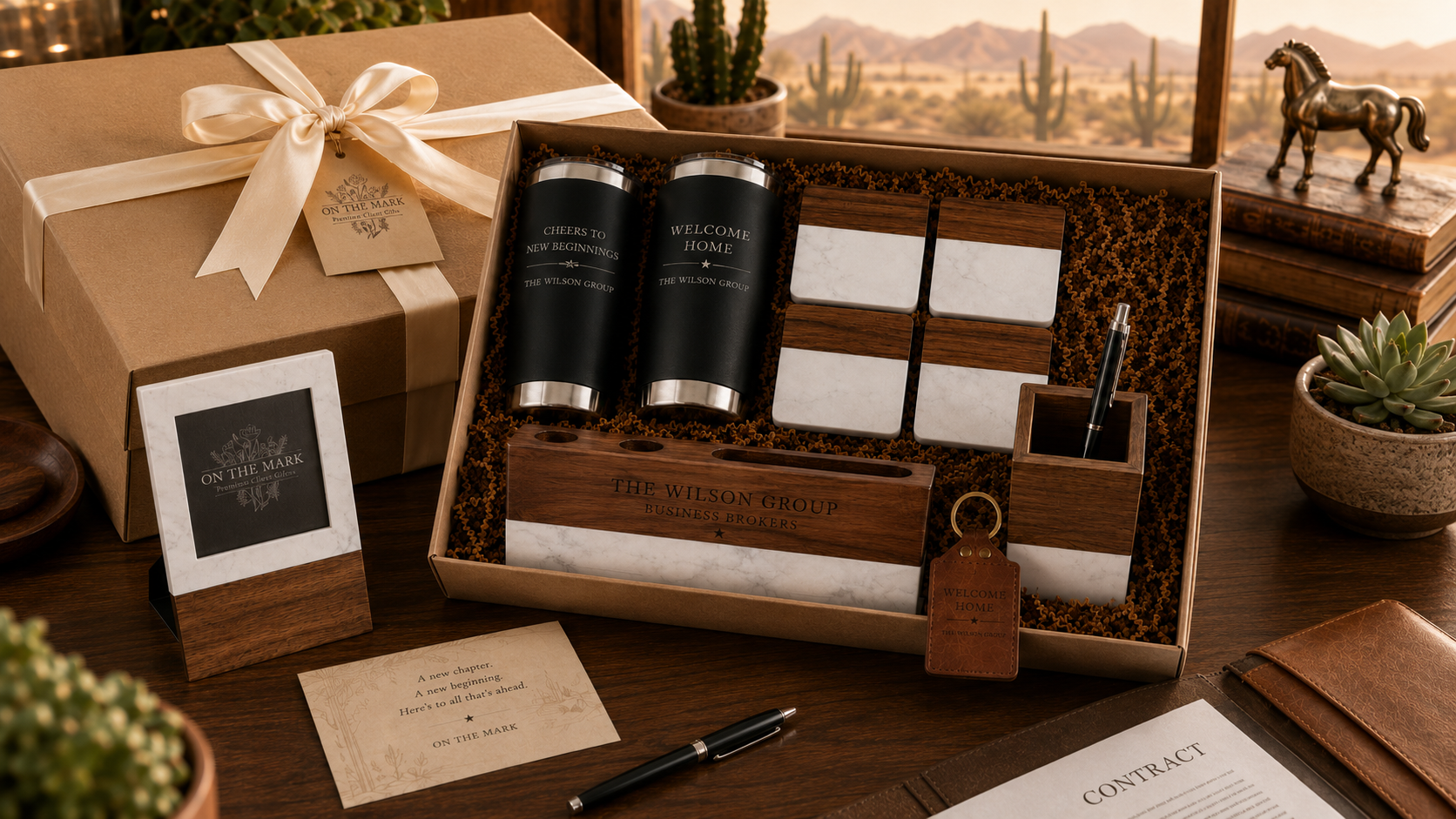 A desk with a brown gift box wrapped with a cream ribbon, alongside a gift set containing black travel mugs, coasters, and office supplies with the Wilson Group branding. There are potted cacti and a small horse figurine in the background, with a scenic desert landscape visible through a window.