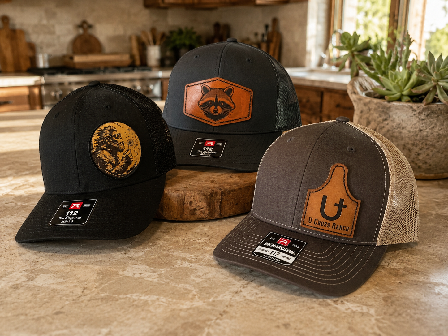 yeti raccoon and ranch ear tag custom leather patch cap