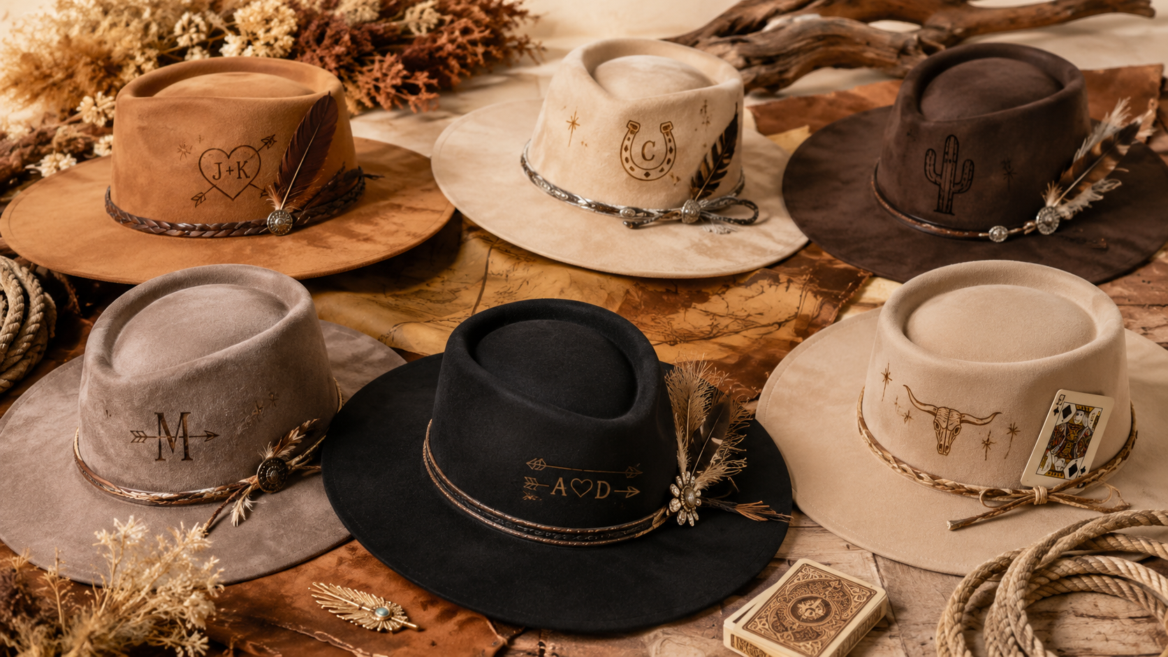 Six cowboy hats with decorative feathers and initials or symbols, arranged on a wooden surface surrounded by dried flowers, rope, and a deck of playing cards, in a rustic setting.