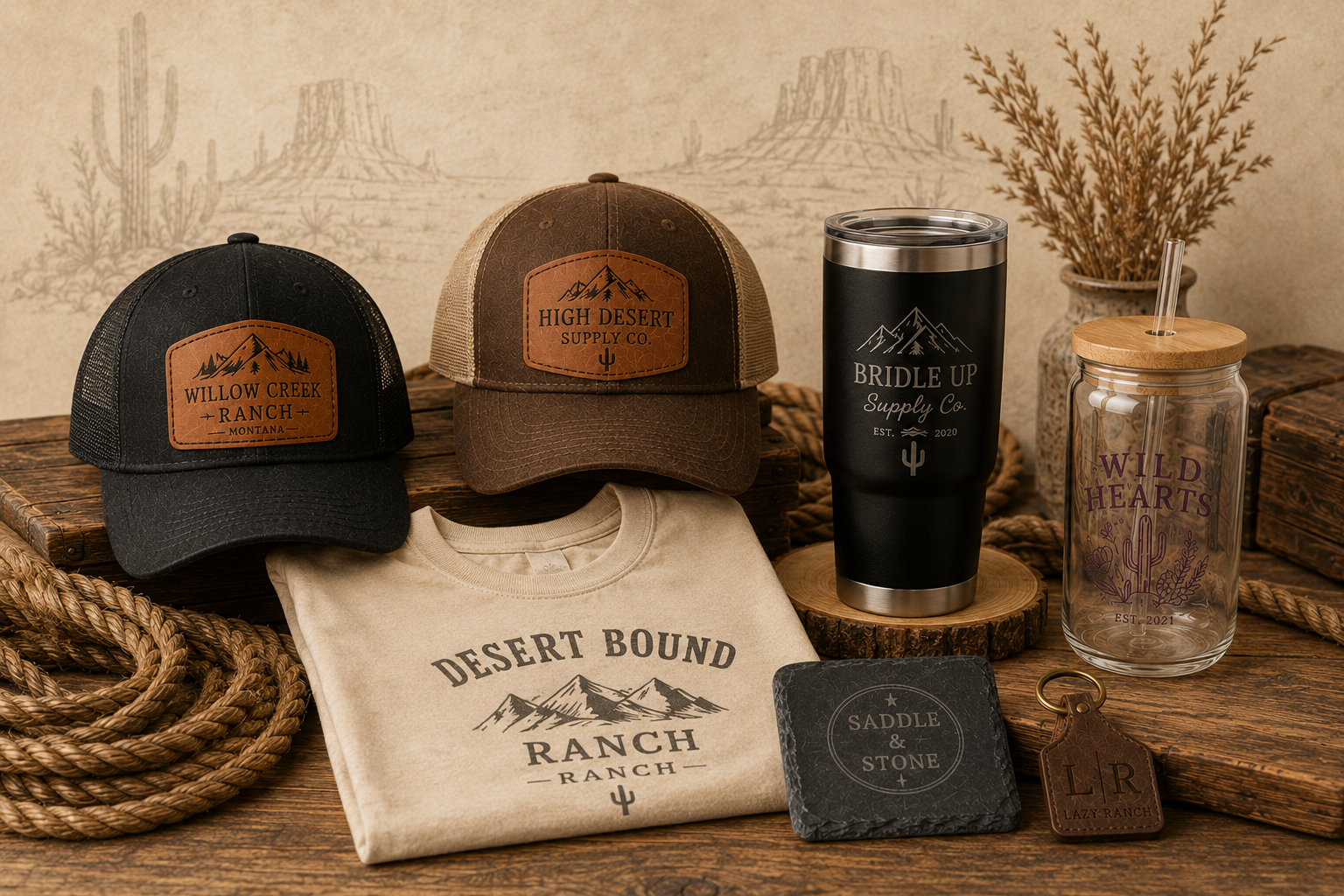 Collection of desert-themed merchandise including two trucker hats, a t-shirt, two tumblers, a glass jar with a wooden lid, a leather keychain, and a black coaster, all with desert and mountain designs.