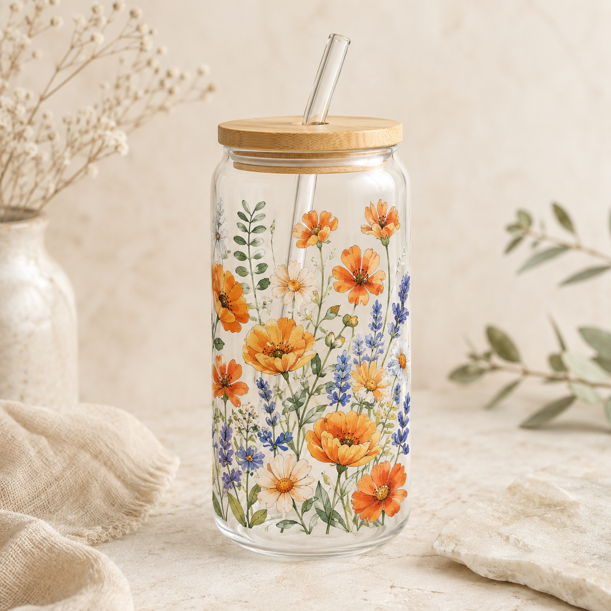 Floral 16 oz Fully Wrapped Glass Tumbler