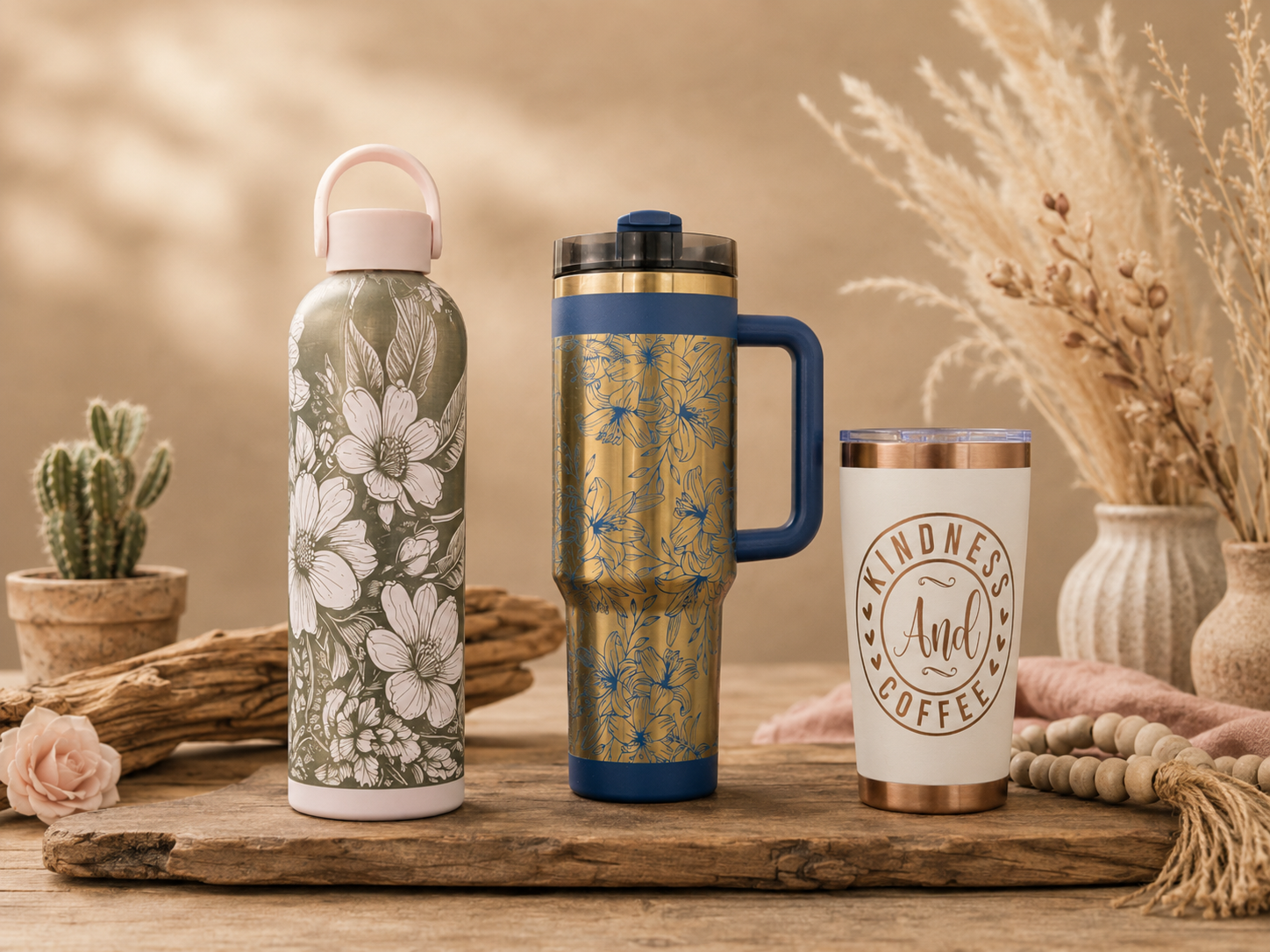 Three insulated drink containers with floral and botanical designs sitting on a rustic wooden surface, surrounded by small plants, dried grasses, and decorative objects.