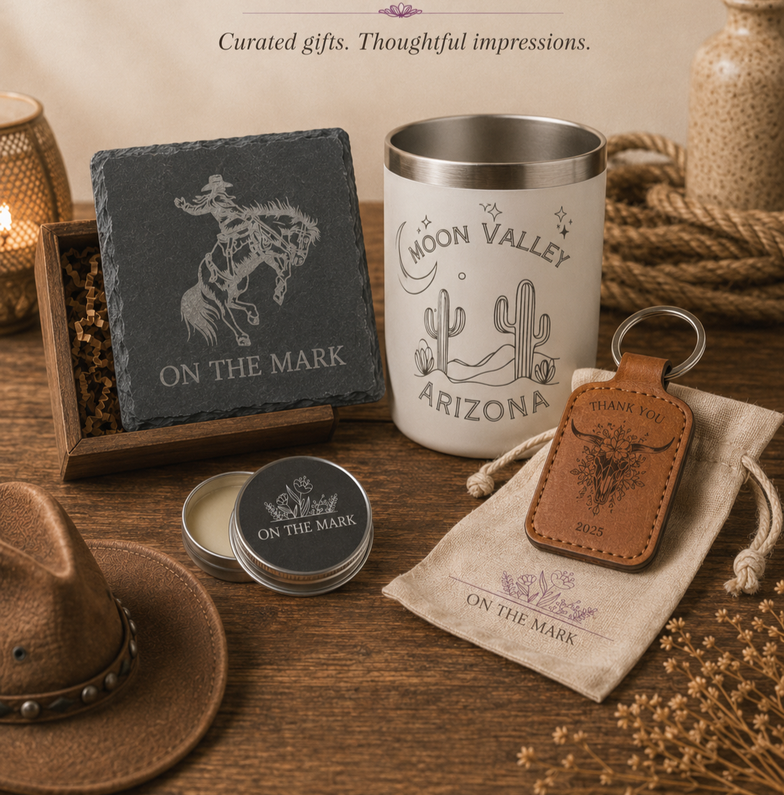 A collection of Arizona-themed souvenirs and gifts, including a black stone coaster with a cowboy rodeo design and "On the Mark," a white tumbler with desert cactus and moon illustrations and the text "Moon Valley Arizona," a small tin candle labeled "On the Mark," a leather keychain with a floral skull and "Thank You 2025," a beige fabric bag with the same floral logo and text, a brown cowboy hat, a lamp, and some decorative dried flowers on a wooden surface.