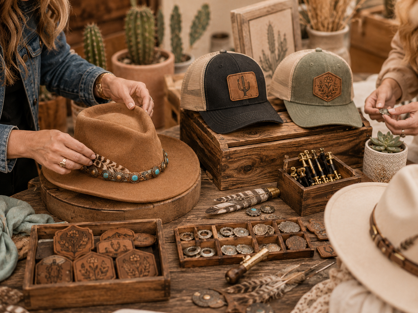 Display of outdoor-themed accessories including a fedora hat with turquoise accents, several baseball caps with cactus and floral patches, various rings, belts, and jewelry on a rustic wooden table, with potted cacti in the background.
