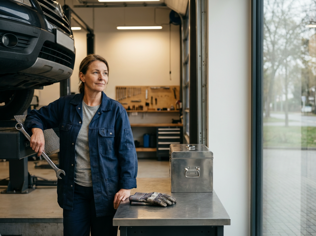 A woman in a mechanic's uniform holding a wrench, standing in an auto repair shop next to a workbench with a metal toolbox, a pair of work gloves, and a car lifted on a hydraulic lift.