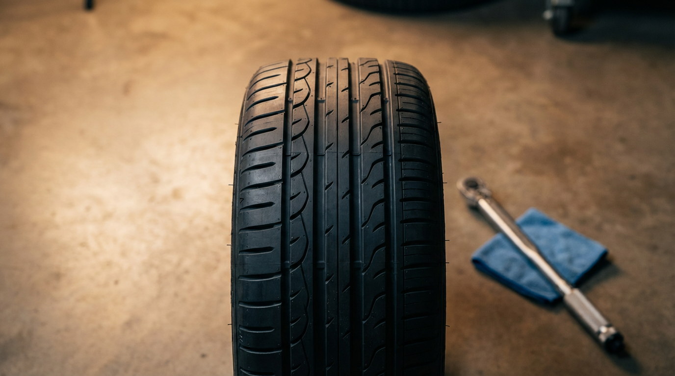 Close-up view of a new black car tire with a blue cloth and a wrench in the background.